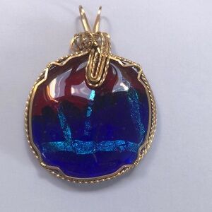 14K Gold Filled Wire Surrounding Vibrant Blue and Red Glass Pendant